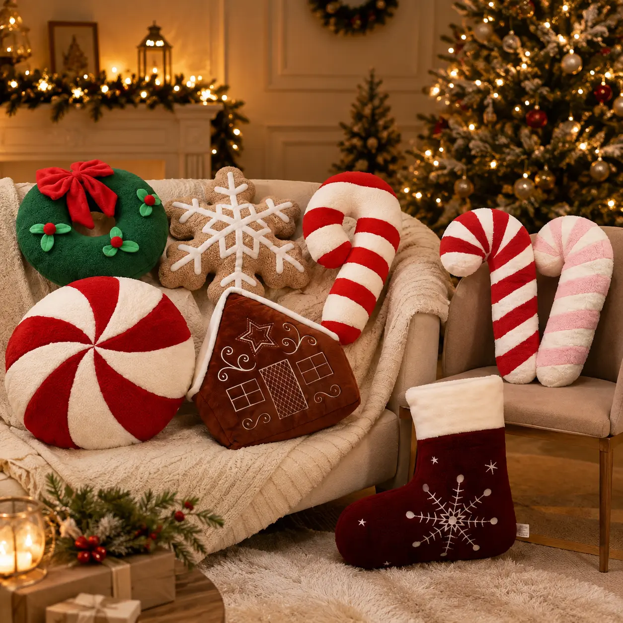 Christmas Decorative Throw Pillows, Soft Plush Holiday Accent Pillows for Sofa Bed Chair, Festive Wreath Snowflake Candy Cane Peppermint Gingerbread House Stocking Designs, Cozy Christmas Home Decor, Seasonal Room Decoration & Gift