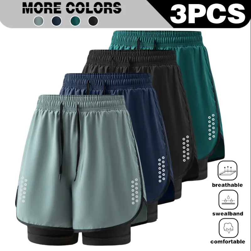 Summer men's double-layer lined shorts, anti glare three quarter shorts, fitness running, loose ice silk breathable shorts, multi-color