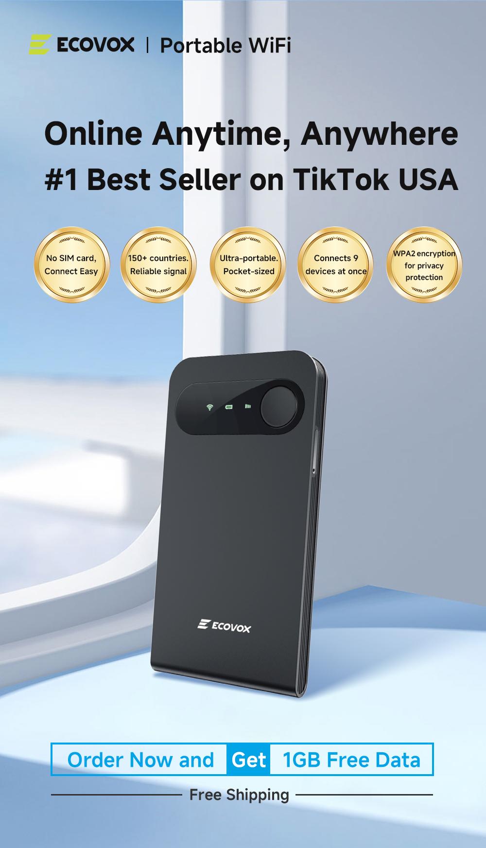 ECOVOX 4G Mini Portable WiFi Hotspot No SIM Card Free 1GB Data Connects 9 Devices for Travel Camping & Outdoor Use