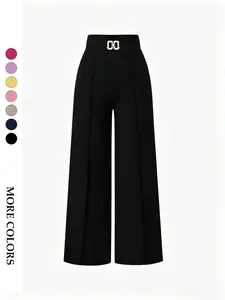 Women's Basic Plain Wide Leg Pants with Belt, High Waist Metal Buckle Decor, Slim-Fitting Chic Casual Business Daily Wear, Fall & Winter, Everyday