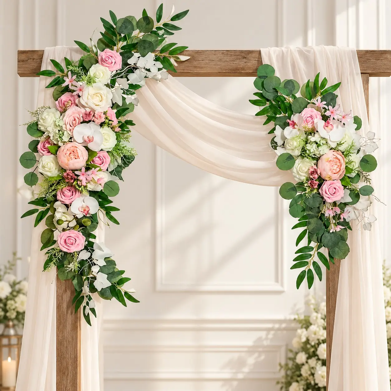 Set of 2 Pink & White Orchid Peony Rose Artificial Floral Swag with Eucalyptus Leaves, 85cm+65cm Wedding Arch Backdrop Flower for Ceremony, Welcome Sign, Party Wall Decor