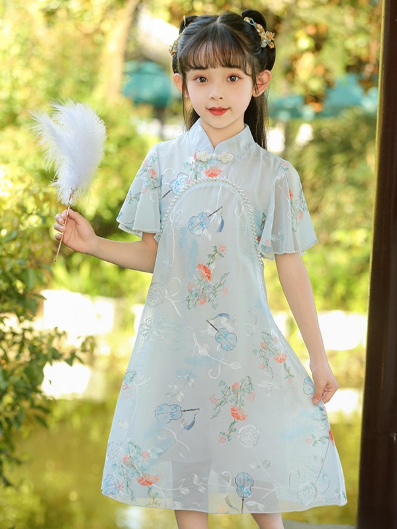 NewGirls' Chinese Style Cheongsam Chiffon Dress Summer Hanfu Light Comfortable Fashion Casual Princess Dress for Outdoor Activities Gifts Party