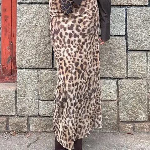 Women's Leopard Print Mesh Knitting Bodycon Skirt, Fashion Chic Casual High Waist Long Skirt for Daily Wear, Ladies Summer Clothes