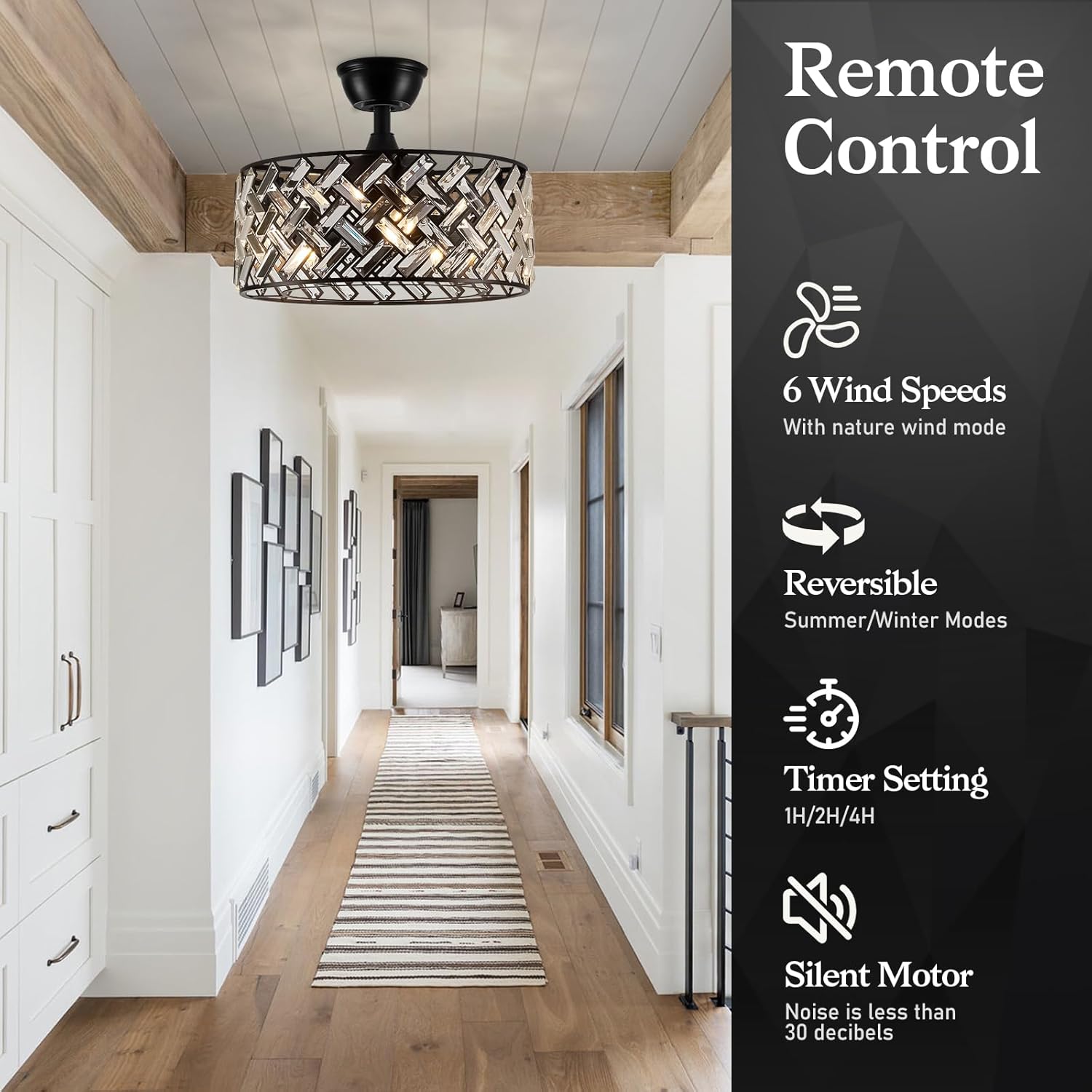 18'' Crystal Cage Ceiling Fan With Remote Control ,Quiet  Motor Fan Light ,, Indoor Crystal Chandelier Ceiling Fan For Bedroom, Living room, Dinning Room, Kids Room--Matte Black (bulbs not included.)