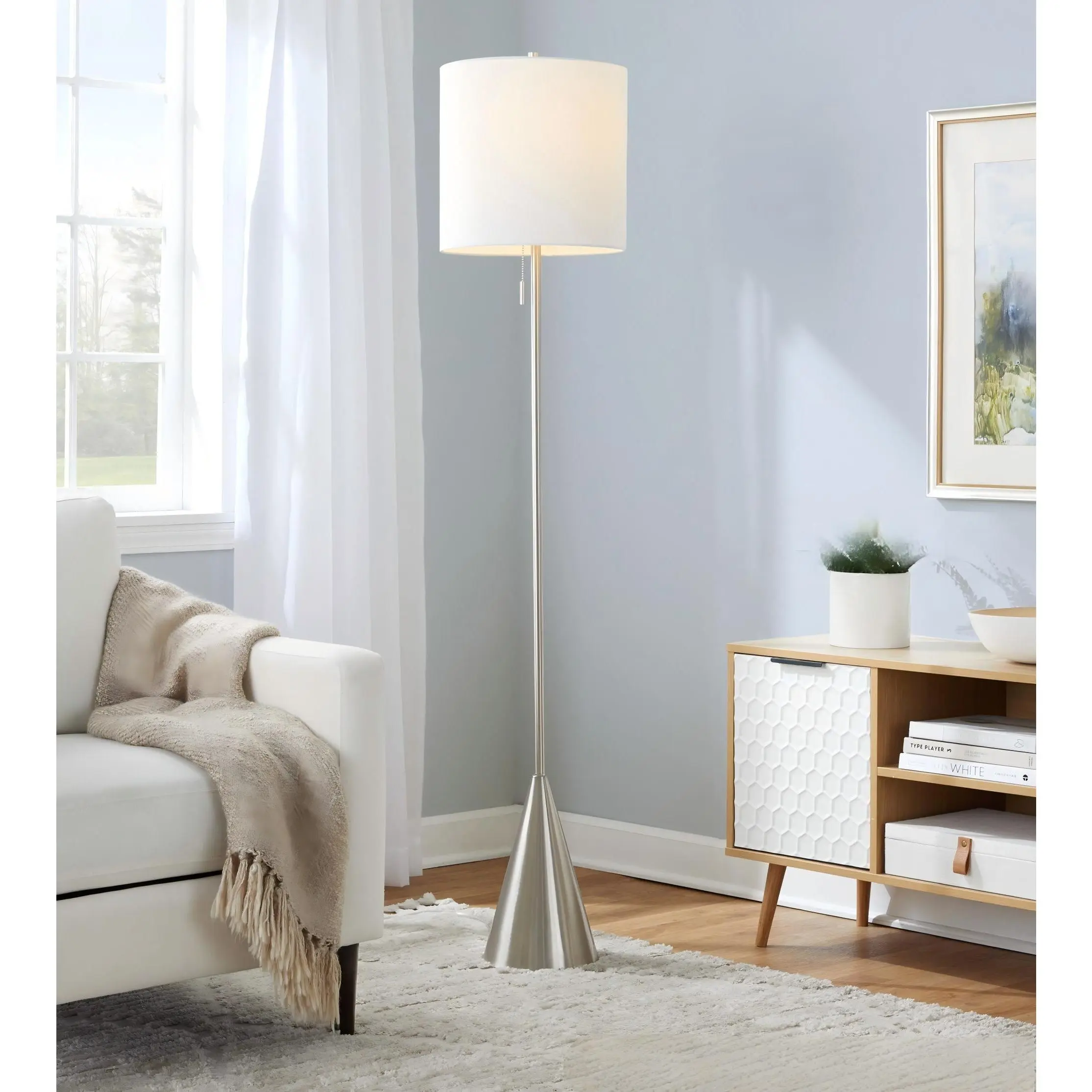 Nokaa 64" Contemporary Metal Floor Lamp Brushed Nickel Finish White Linen Shade Tall Standing Light for Living Room Bedroom Office Reading Corner Indoor Decor, Multiple Options Available