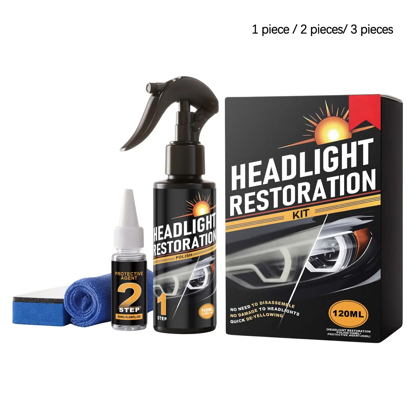 Car Headlight Care Kit, Polish Agent 100ML, Protectant 20ML, Towel, Sponge, Clean and Brighten, Easy-To-Use Car Headlight Cleaner