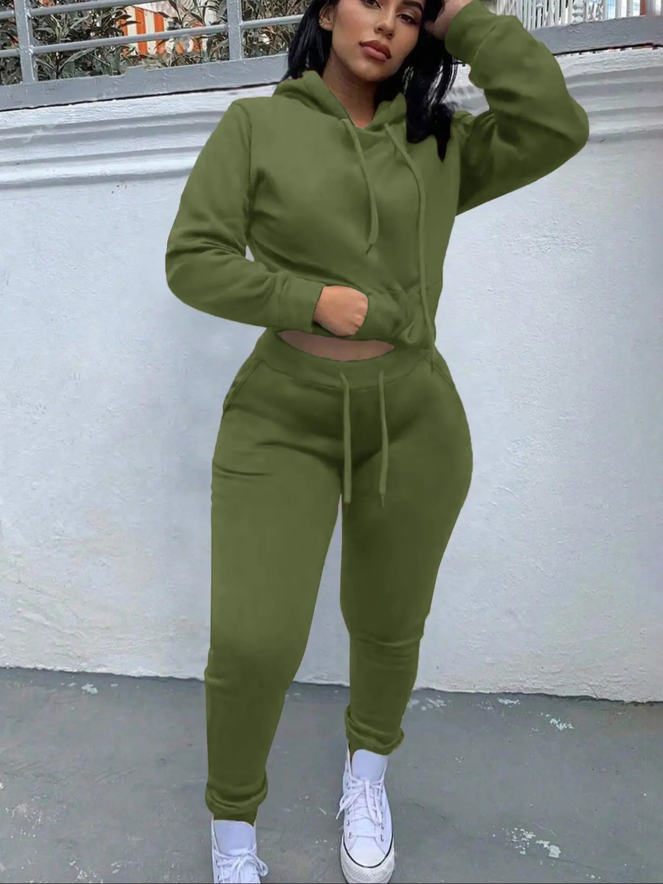 Women's Hooded Drawstring Sweatshirt Set, 2-Piece Casual Loose-Fitting Sportswear, Spring & Fall Plain Pattern, Comfortable Daily Wear