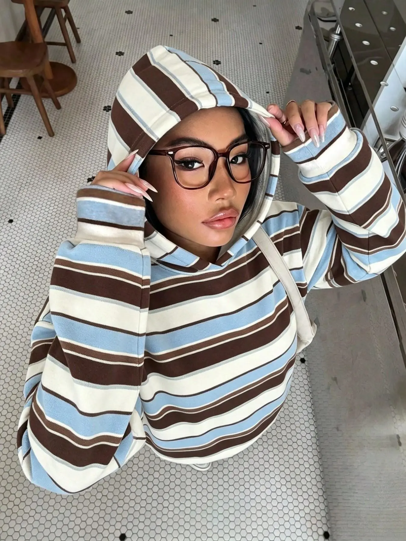 Long Striped Hoodie Women Spring Fall, American Vintage Oversize Drawstring Sweatshirt, Blue Horizontal Stripe Waist-Exposed Casual Top