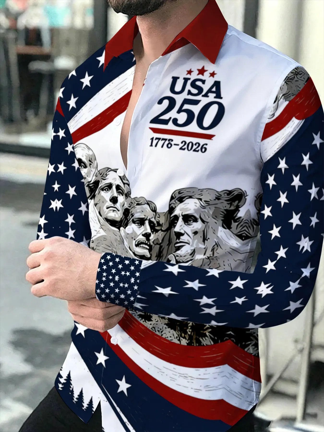 Men's Long Sleeve Lapel Shirt, 250th Anniversary Themed Top with Mount Rushmore Print, Blue White Red Color Block Fashion Casual Daily Wear Shirt, Football Game Day Casual Outfit For Mexican FansSoccer Fan Ethnic Retro Printed For