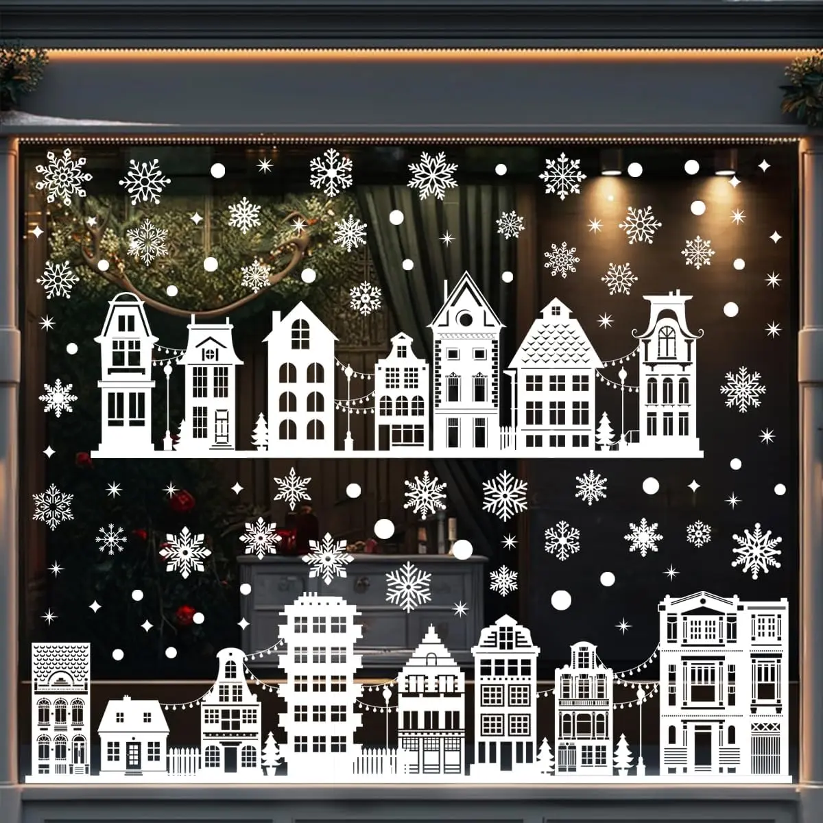 Large Christmas Window Stickers, House Snowflake Window Clings | Winter Street Scene Border Stickers for , Cafe, Mall Glass Door, Christmas Decor