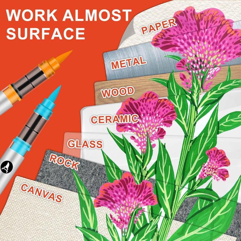 Acrylic Paint Marker Set, 1 Set Portable Brush Tip Paint Marker with Storage Bag, Acrylic Drawing Markers, Art Supplies for Rock Painting, Ceramic, Wood, Canvas, Glass, Stone, Fabric