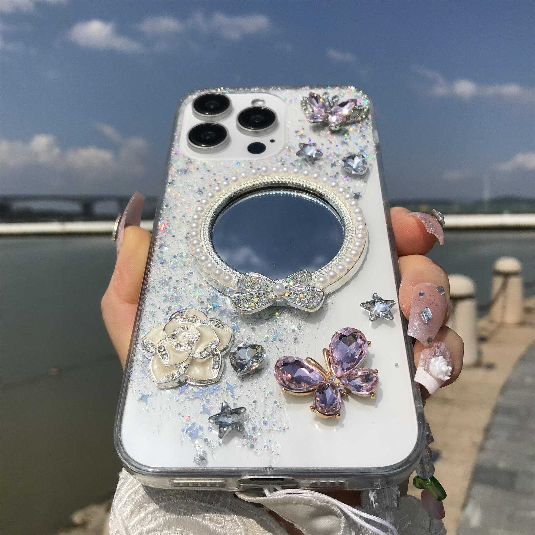Rhinestone Decor Phone Case, Mirror Flower Butterfly Decor Phone Protective Cover with Lanyard, Phone Accessories Compatible with iPhone 16 15 14 13 12, Decorative Smartphone Protector