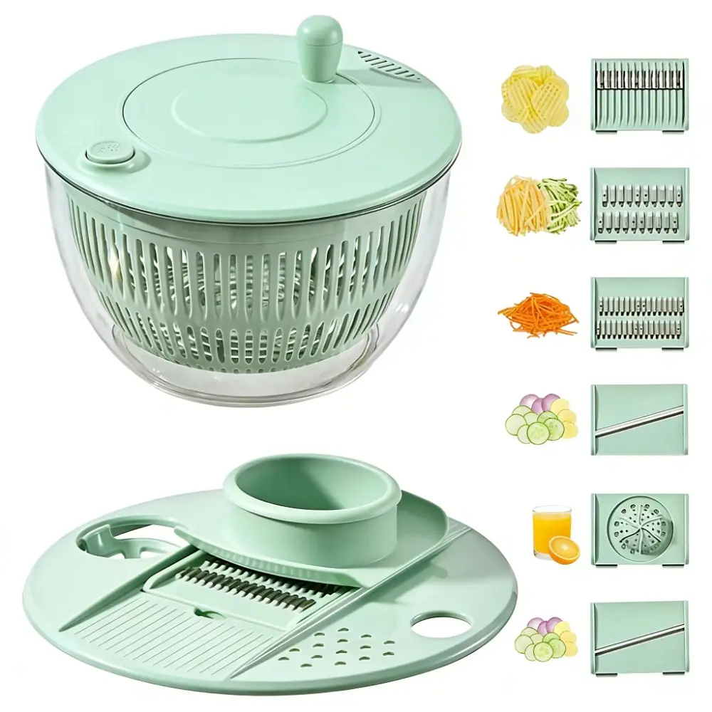 Salad Spinner Large, 3 IN 1 Vegetable and Fruit Washing Bowl with Multi Functional Strainer, Lettuce Spinner with 5 Blades Slicer, Egg Yolk Strainer, Salad Bowl for Efficient Salad Preparation, Fruit Vegetable Washer, 5.3 Qt Kitchen Gadgets Set