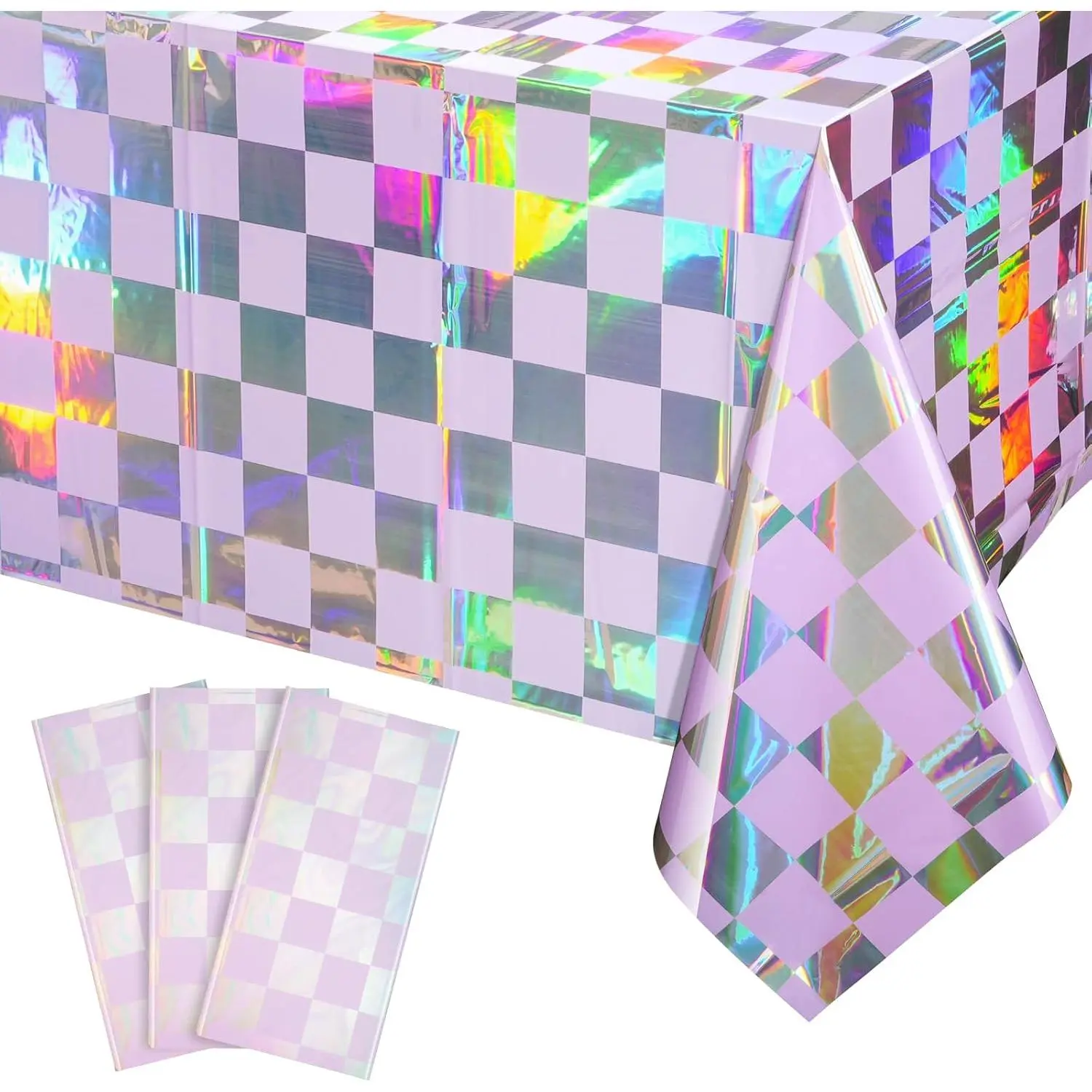 3-Pack Iridescent Checkered Purple Plastic Tablecloths, 54x108in Shiny Disposable Laser Rectangle Foil Table Covers for Birthday, Bridal Shower Party Decorations
