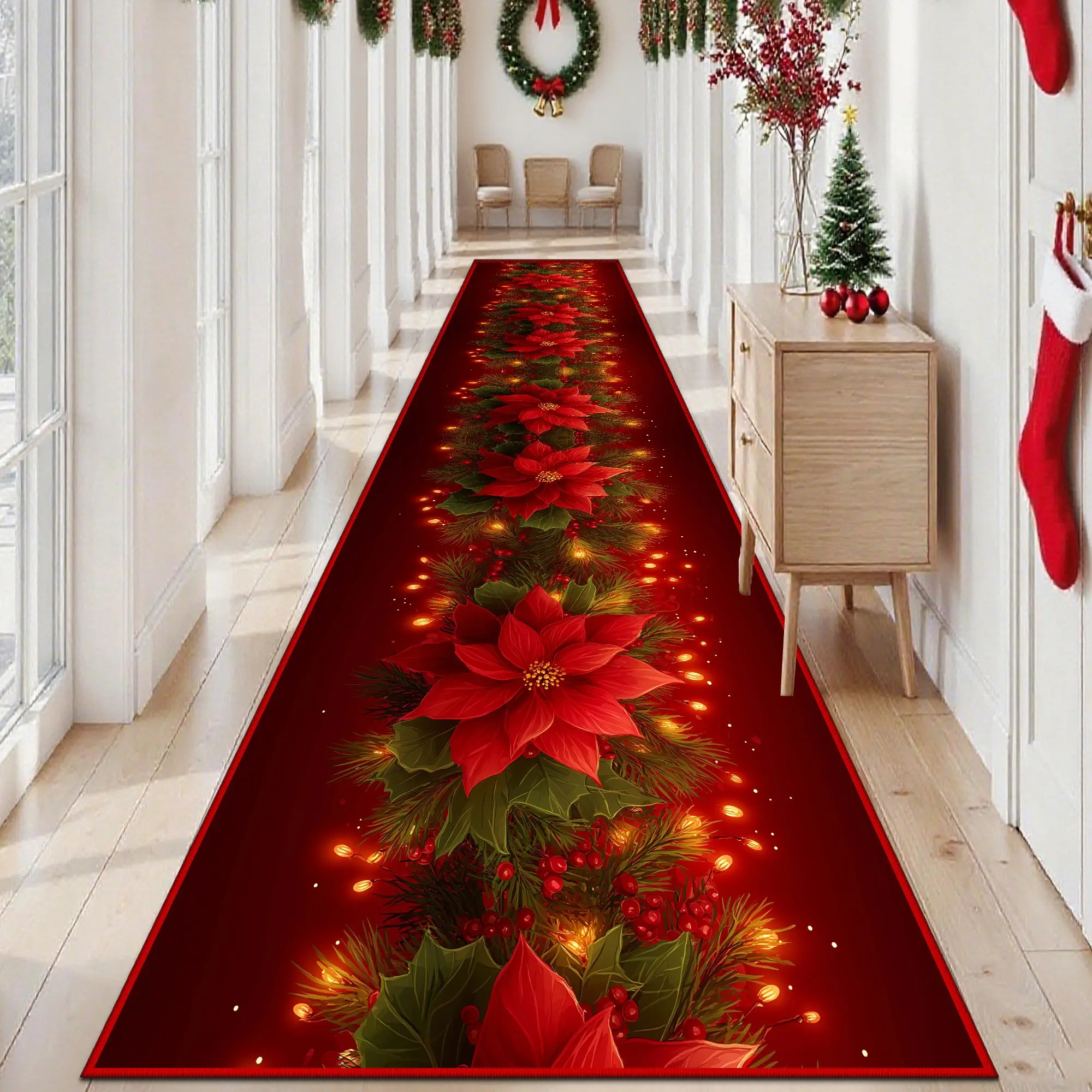 Velvet Christmas Poinsettia Berry Light Strip Runner Rug, Non-Slip Durable Edge Binding, Easy Clean Indoor Mat for Bedroom Entryway Shop