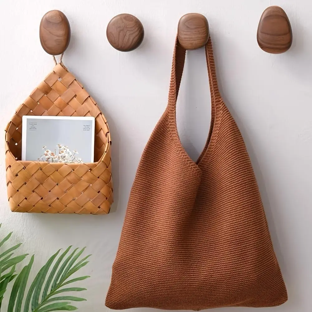 4-Piece Retro Minimalist Wooden Wall-Mounted Coat Racks - Handmade Hooks for Home Room Decor, Durable, Decorative Hangers for Backpacks, Towels (Available in Walnut, Beech Wood Colors)