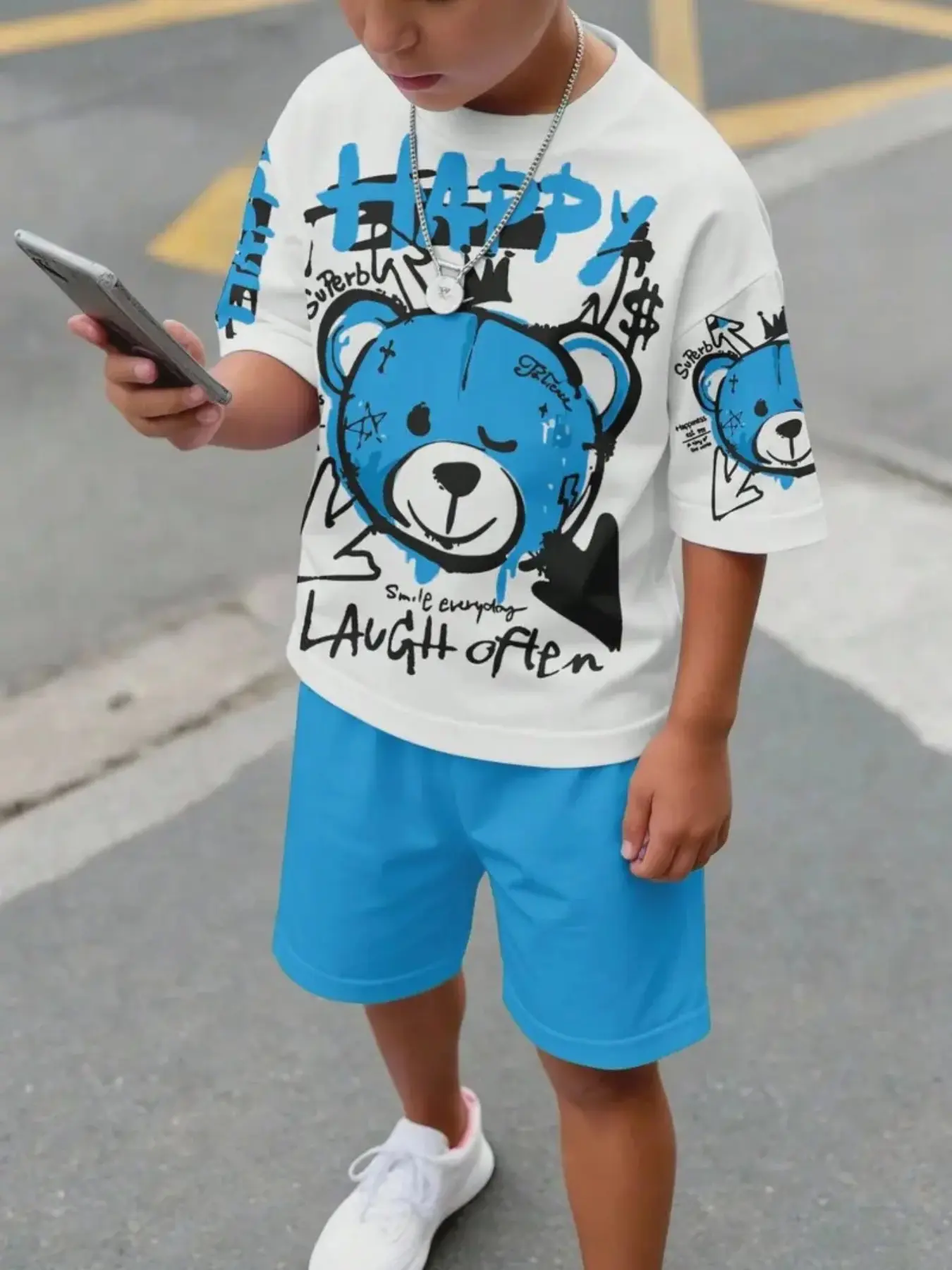 Streetwear Cool Boy Clothing Set, Graffiti Bear Comfortable Versatile Summer, Two-Piece Kids Fashion Ensemble, Trendy Boys' Wear, Graphic Print Set