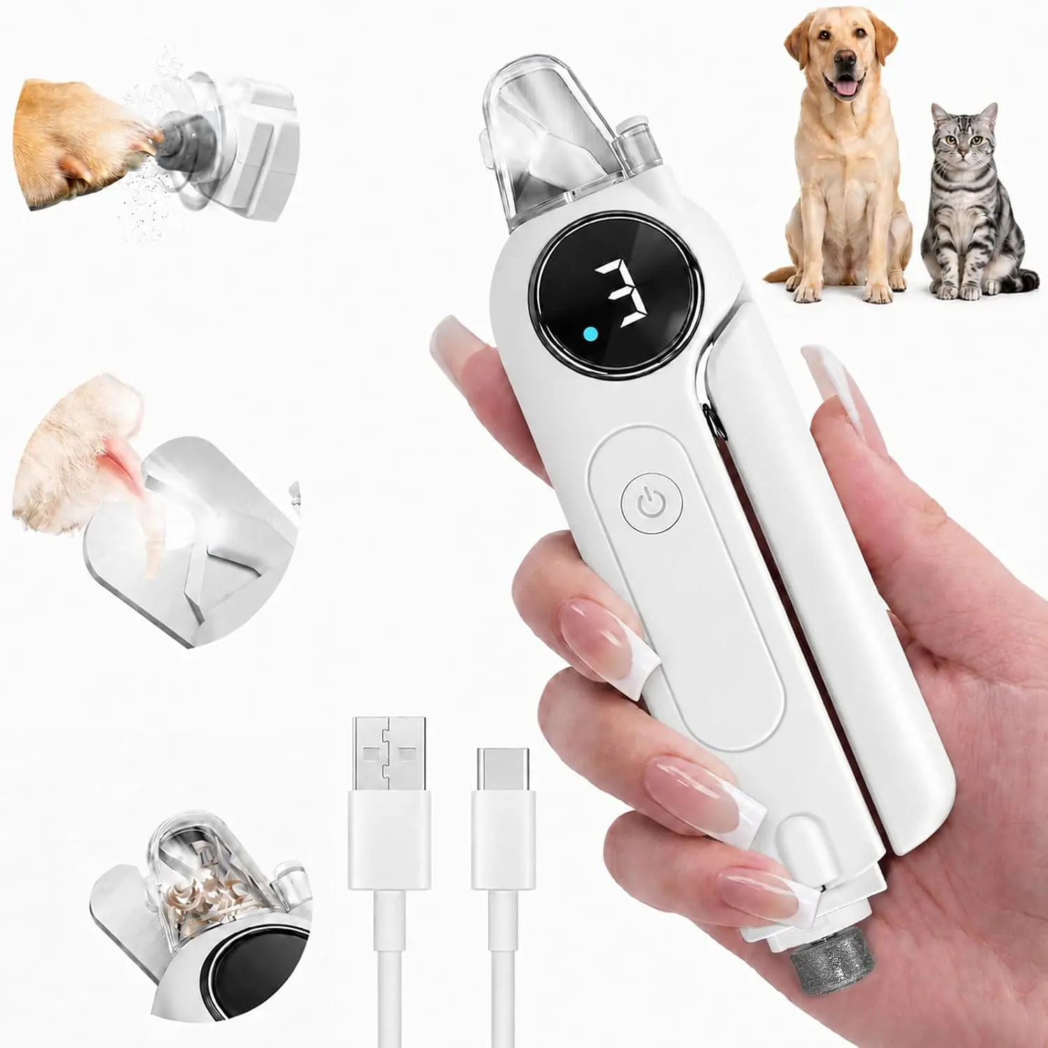 2-in-1 Pet Nail Clipper & Grinder, Silent Cut Quiet Operation, LED Lights, Type-C Charging, 3-Level Speed, Anti-Splash Shield for Anxious Cats & Dogs (Clip & Grind Functionality)