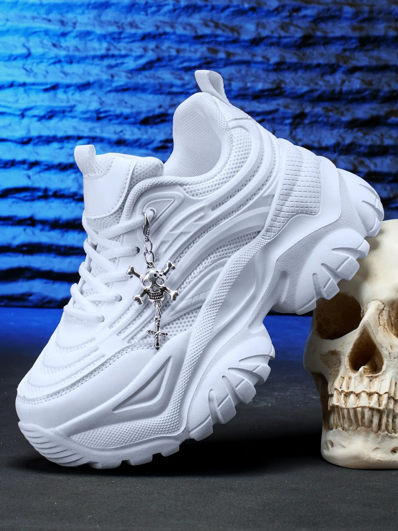 Women's Lightweight Eva Flatform Shoes, 7cm Heel Height, Detachable Cross Skull Charm, Punk Style, All Seasons, Wide Fit