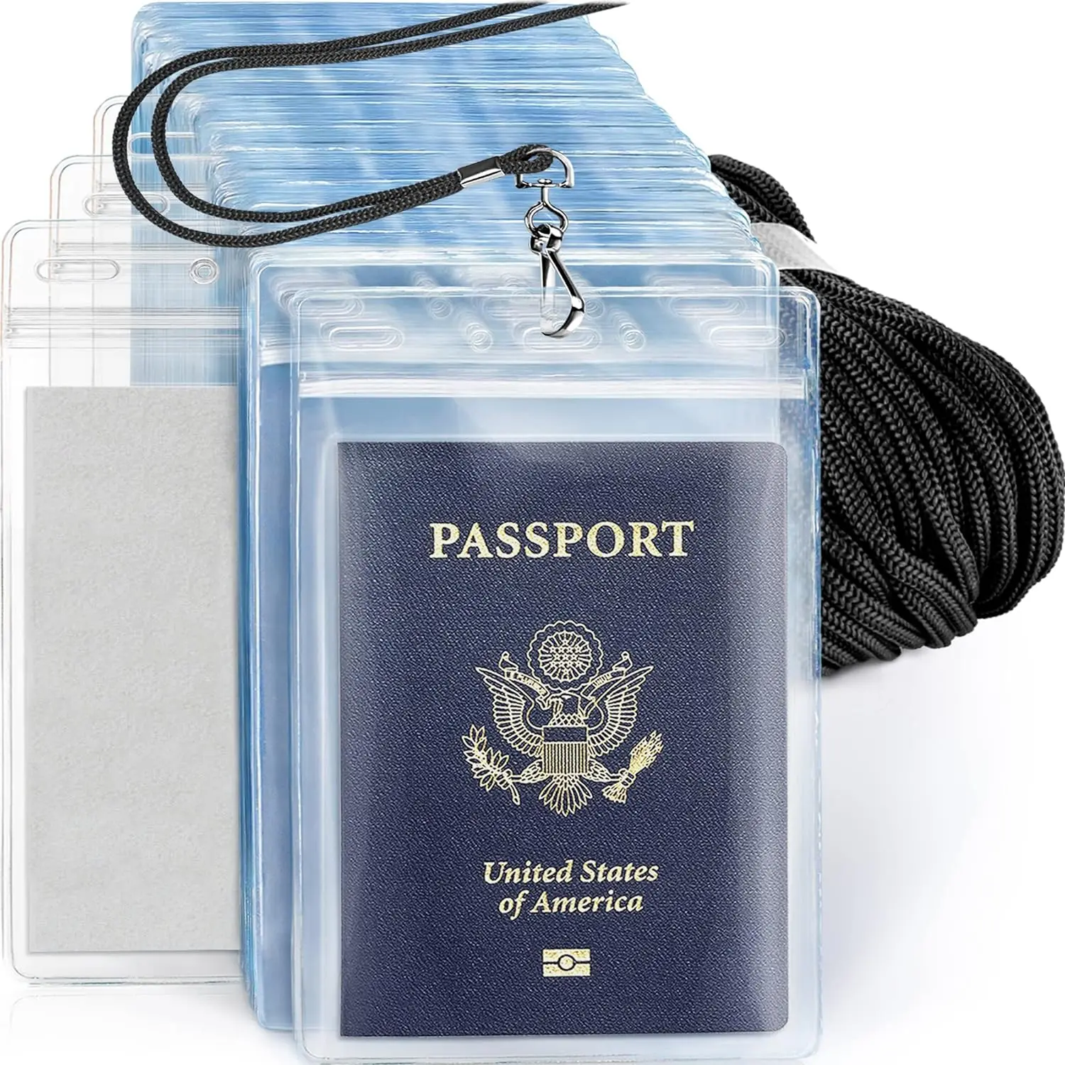 - - 4x6 Inch Plastic Card Holder and Lanyard Set - Black Lanyards, Clear XXL Pouch, 5 Pack - Name Badge Card Holder with Lanyards -  ID and Passport Holder
