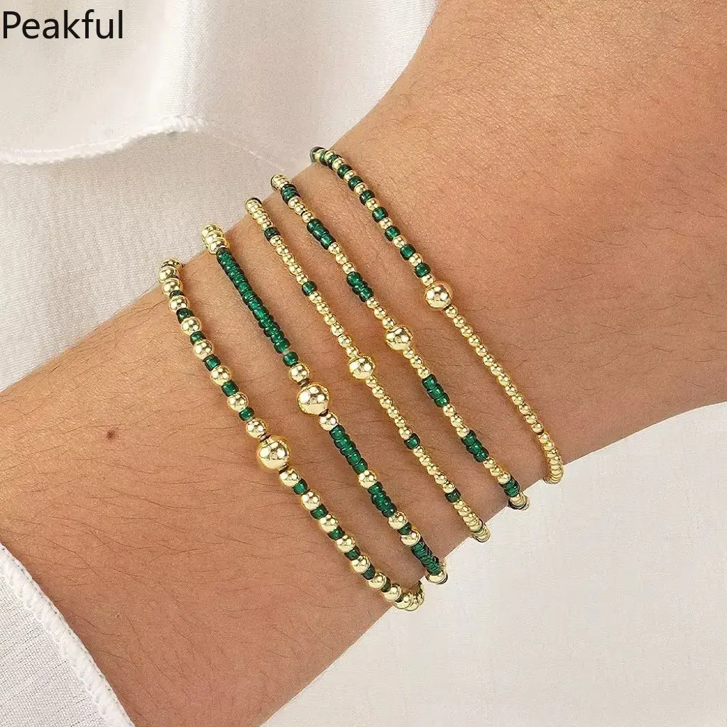Stretchy Gold Seed Bead Bracelets 5-Pack, Multilayered Boho Sports Wristband Set for Men Women, Lightweight Durable Accessory for Gym, Travel & Casual Looks