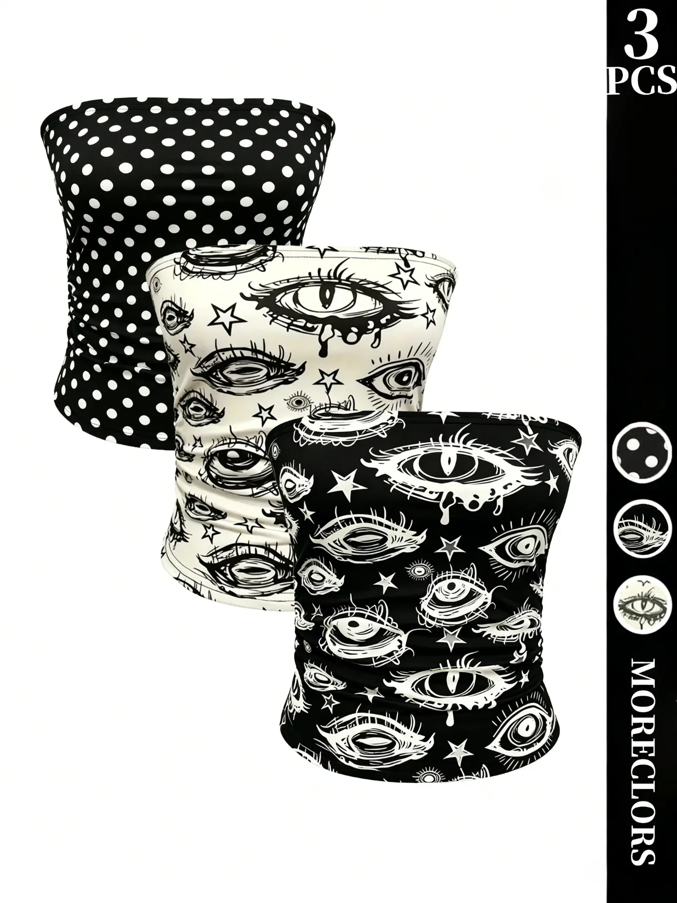 Versatile 3-Piece Strapless Tube Top Multipack, Classic Dot & Artistic Eye Print, Stretch Comfy Fabric, Casual Office Look