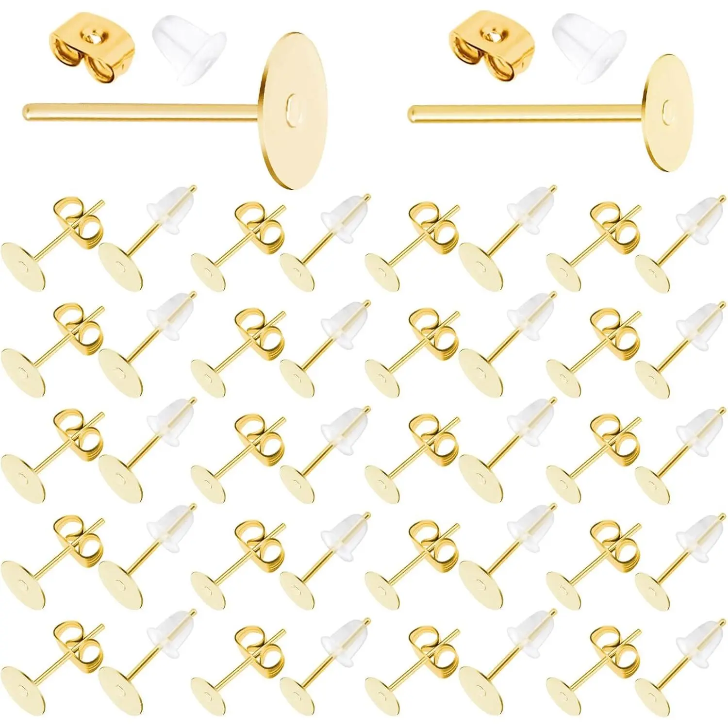 Earring Posts Stainless Steel,  1200 count  Earrings Posts and Backs,  Flat Pad Ear Ring Studs with Clutch for Earring Making and DIY Stud Earring Supplies