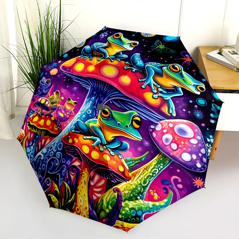 1 PC Automatic Folding Umbrella - Frogs on Mushrooms Fantasy Art Pattern, Portable & Foldable Design with 8 Ribs, Merry Christmas Pattern,Casual Outdoor Accessory Halloween and Christmas Birthday Gifts. E0074