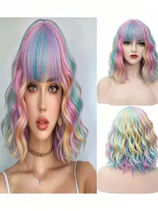 14-Inch Rainbow Wigs for Women, Short Curly Wave Multi-Color Synthetic Hair, Heat Resistant, Perfect for Cosplay and Parties