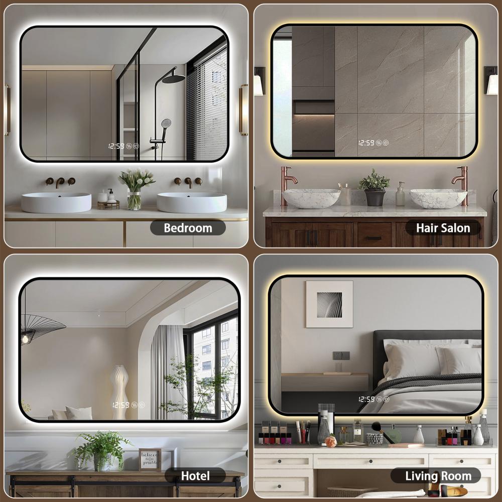 48*24-inch LED black rounded-corner frame bathroom mirror with temperature display, three-color lighting, defog function, premium aluminum frame, and high-definition tempered glass.