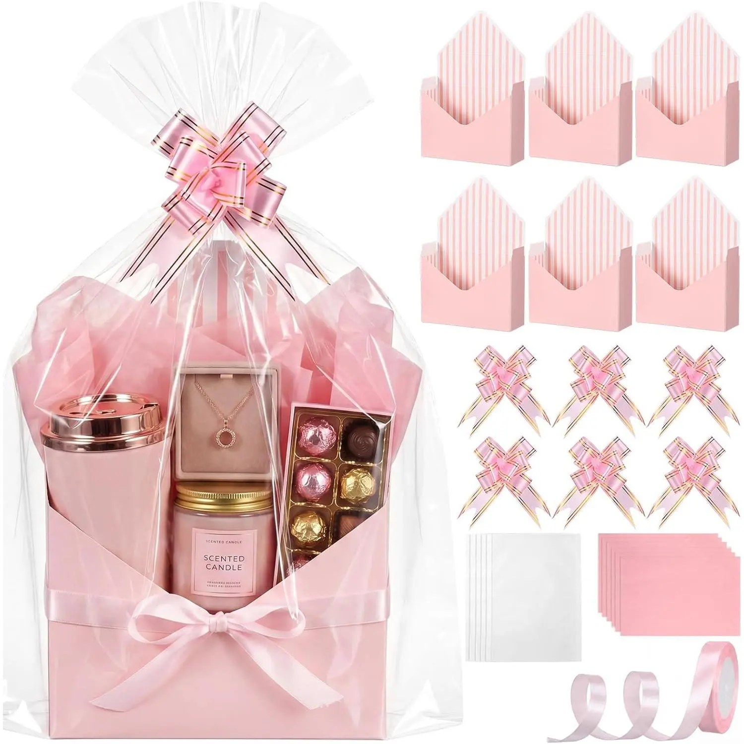 6 Set Envelope  Baskets Empty, Include 6 Envelope Gifts Box 6 Shrink Wrap Bags 6 Tissue Papers 6  Bow 1 Roll  Ribbon, Empty  Basket Bulk to Fill for Mother's Day Birthday Party