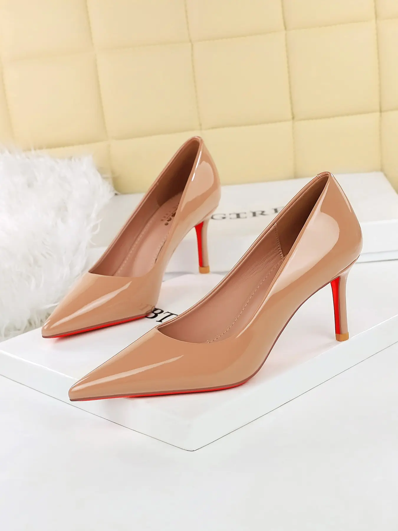 8351-A European Style Sexy Party Patent Leather Sole Fashion High Heel Shoes, Women's Pointed Toe Low Ankle Suede Sandals, All Seasons