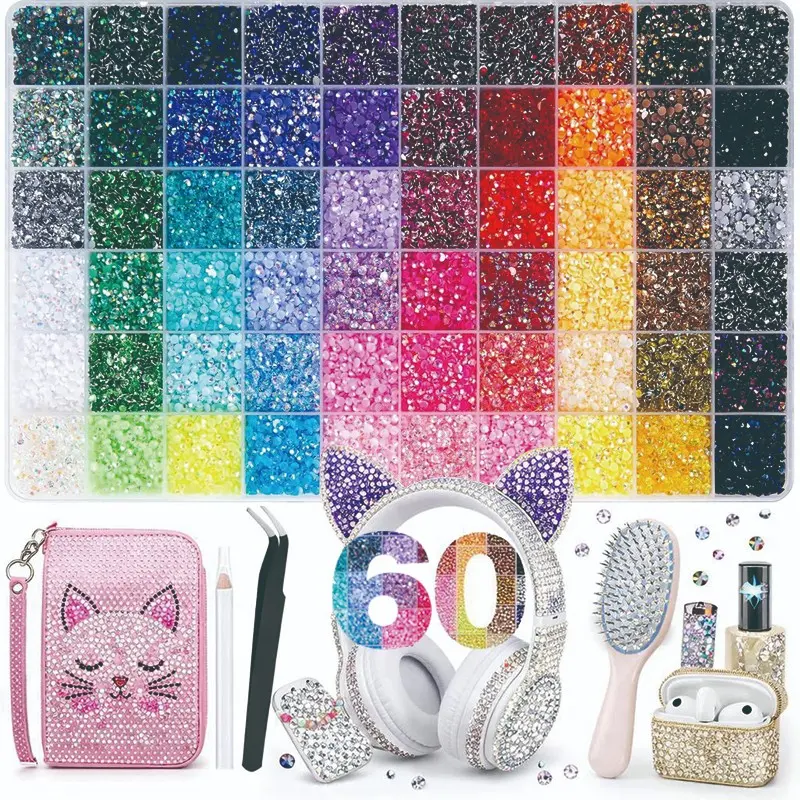 60 Colors 60000 Pieces DIY Nail Art Rhinestones, Bling Rhinestone, Bright Decorative Drills with Adhesive Tool Kit, Ideal for DIY Nail Art and Fashion Crafts