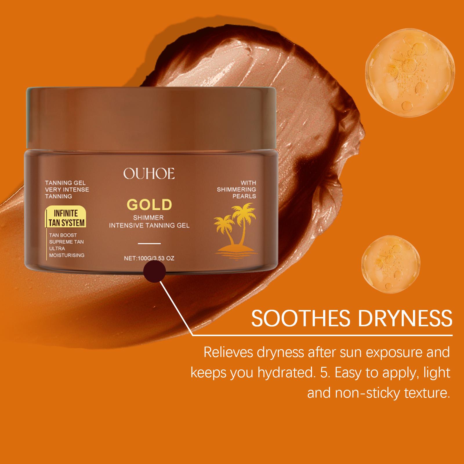OUHOE Gold Shimmer Tanning Gel, Sunflower & Calendula Herbal Protection, 10-Min Quick Dry, Reduces Sun Damage, Lasting Gold Luster for Radiant Skin, All Skin Types Intensive Hydrating sunscreen self dark tanglow bronzing agent balm
