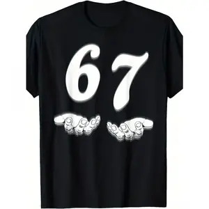Funny 67 Meme T-Shirt for & - 67 Number Joke Design with 6 & 7 Hands Print, 100% Cotton Soft Crew Neck Tee