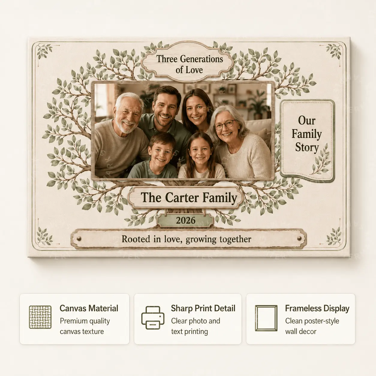 Personalized 3-Generations Family Canvas Print, Custom Photo-Name-Date-Message Art, Artistic Wall Decor for Living Room, Grandparent Gifts, Multi-Generational Keepsake Decoration wall decor posters