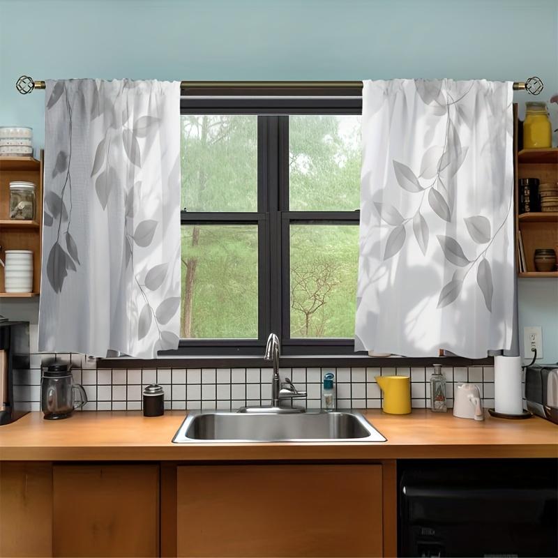 2pcs White and Gray Leaf-patterned  Kitchen Printed  Small Short Cafe  Rod Pocket Bathroom  Treatments Tiers Kitchen Living Room Office Bedroom Home Decor 39.9x27.5 Inch LW429C1L97 casual party decoration curtain high ceiling room decor set inganchos