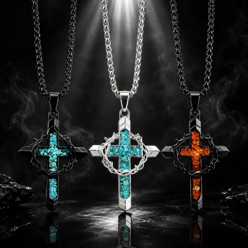 Cool Cross Turquoise Necklace, Stainless Steel Thorns Cross Pendant Necklace ,Religious Christian Jewelry Gifts for Women Men
