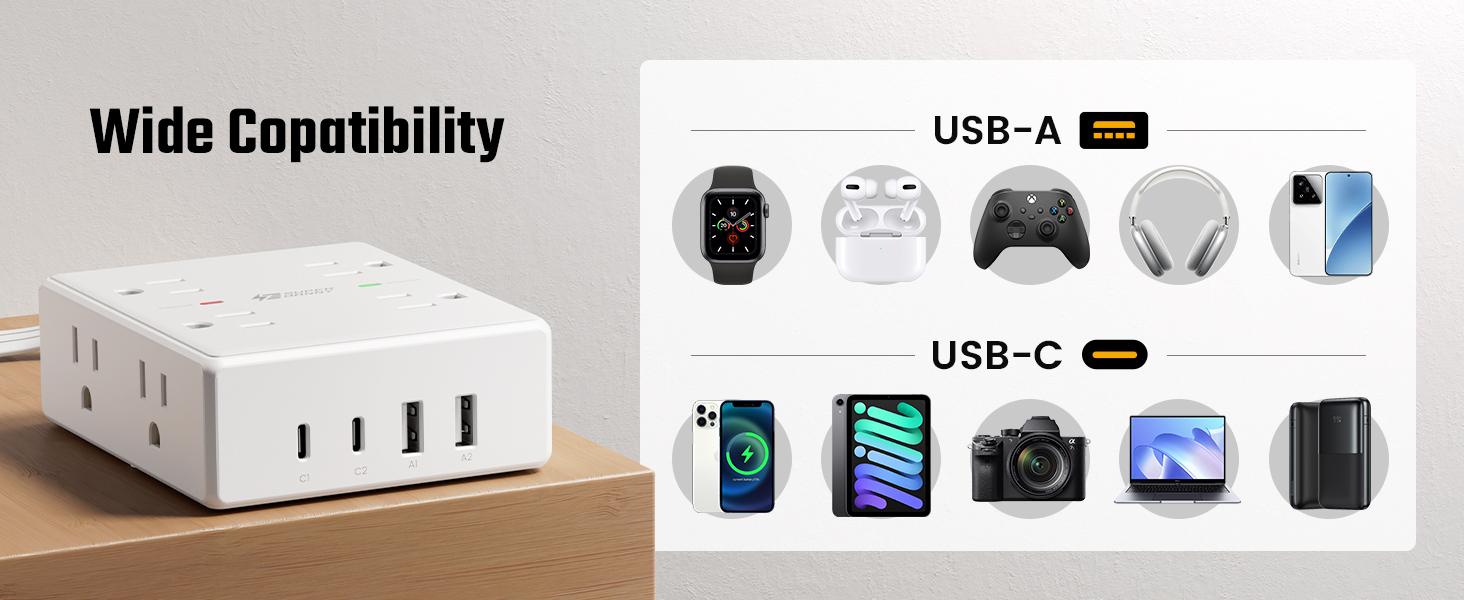 Flat Plug Protector Strip, 6ft Thin Extension Cord with 4 USB (2 USB C Port), 8 Outlets Desk Charging Station, Wall Mountable Outlet Extender for Home Office, College Dorm Room