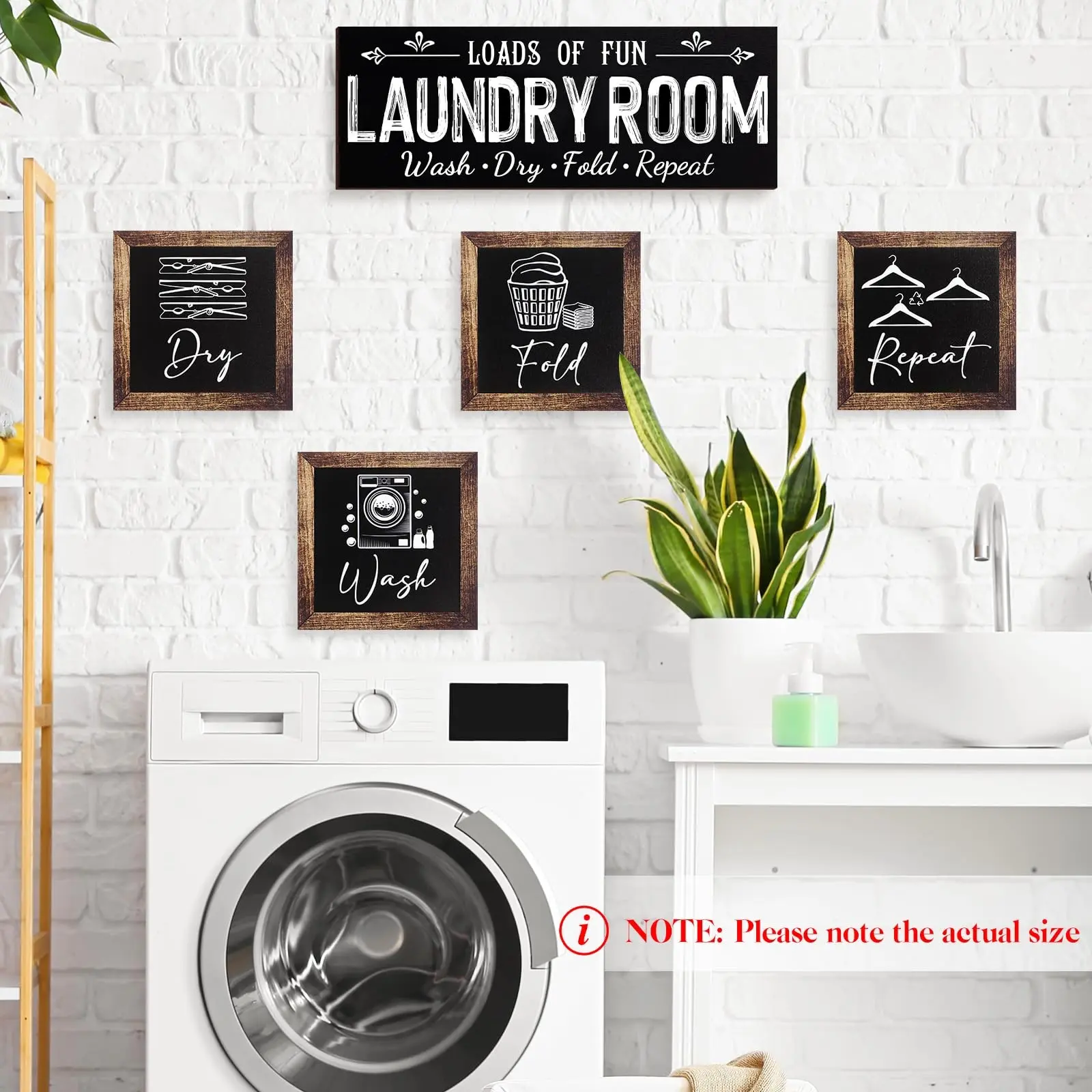 5 Pack Farmhouse Framed Laundry Room Wooden Sign Set, Black Background Wash Dry Fold Repeat Printed Wood Plaques Rustic Wall Decor For Utility Mudroom Laundry Area Housewarming Gift Decorative Plaque
