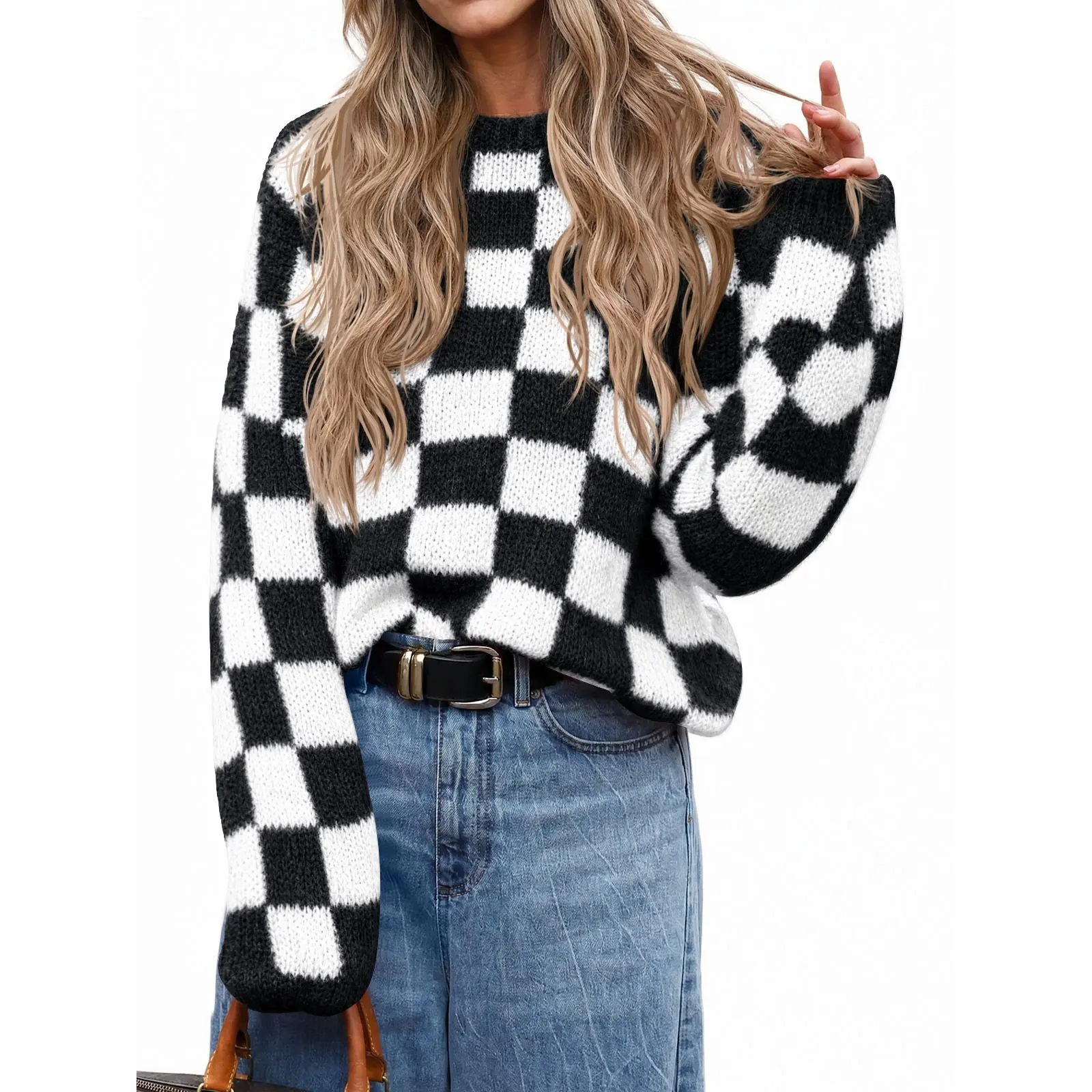 Saodimallsu Womens Checkered Sweaters Crew Neck Fuzzy Knit Pullover Tops,sohochic Saodimallsu Womens Checkered Sweaters Crew Neck Fuzzy Knit Pullover Tops,sohochic