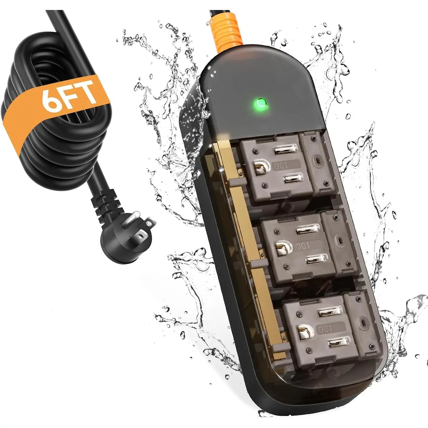 Outdoor Power Strip Weatherproof 6 FT Outdoor Extension Cord  Surge Protector Power Strip, 3 AC Outlets, 1625W - for Camping, , Office, Garden, Dorm, FCC UL Listed