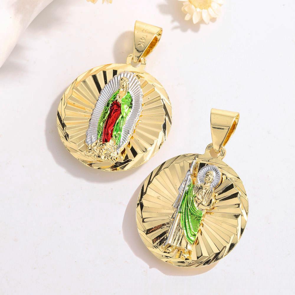 14K gold-plated Saint Jude medal pendant, religious Catholic jewelry, featuring green enamel details and a sunburst design. Suitable for both men and women, offering divine protection