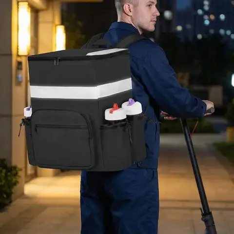 Expandable Insulated Food Delivery Backpack, Large Capacity Leak-Proof Waterproof Pizza Bag with 4 Mesh Pockets, Reflective Strips, Waterproof Cooler Bag