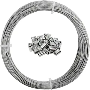 1/16 Wire Rope, 200FT 304 Stainless Steel  with 100 count Crimp Sleeves, Aircraft Grade, 7x7 Strand, 368lbs Breaking Strength, for Garden Trellis, Clothesline, Railing,Trellis