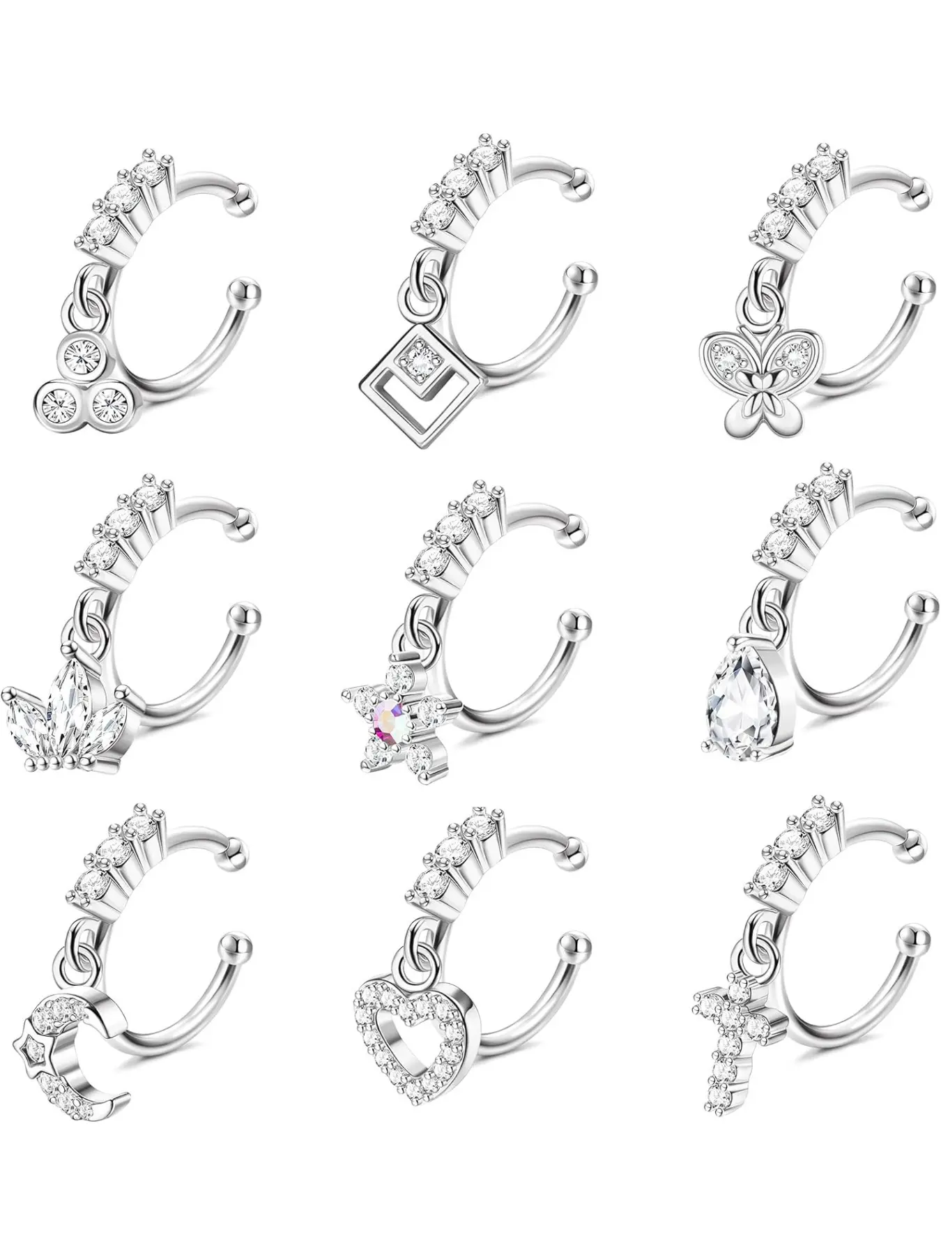 9 Pcs 20g Dangle Fake Nose Rings Hoops for Women, Cz Dangle Nose Rings, Dangly Nose Ring, Non Piercing Cartilage Earrings, Faux Nose Piercing Jewelry