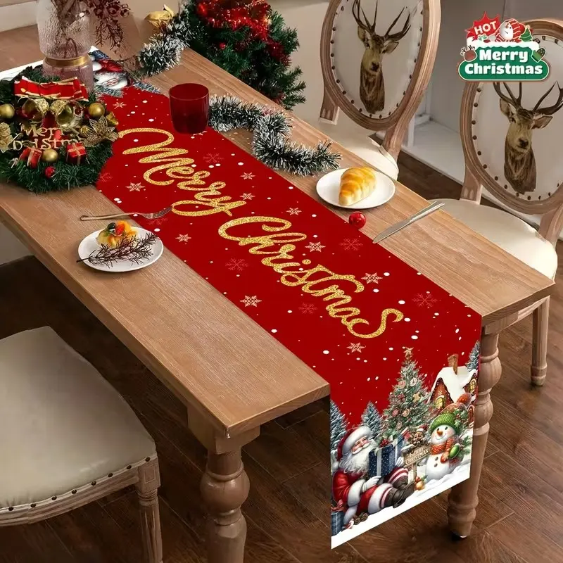 Polyester Tablecloth with Santa Snowman Design, Christmas Decoration for Kitchen Dining Table, Holiday Season Table Decor Gift