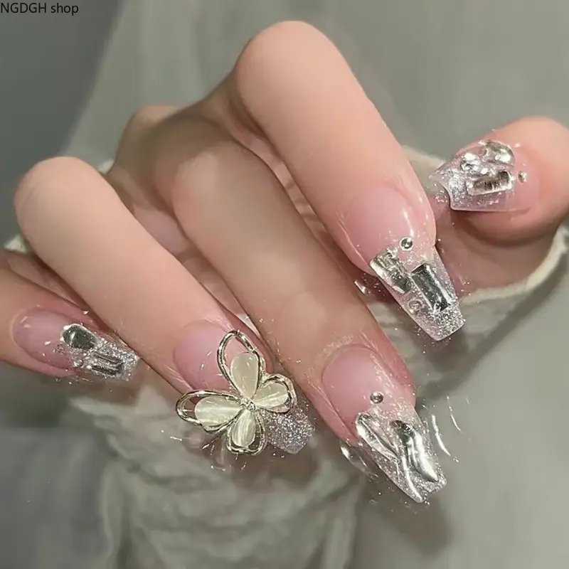 Butterfly Press On Nails - Silver Glitter Chrome 3D Fake Nails, Bling Gem Bow Long Square Nail Art for Women Girls Party Daily