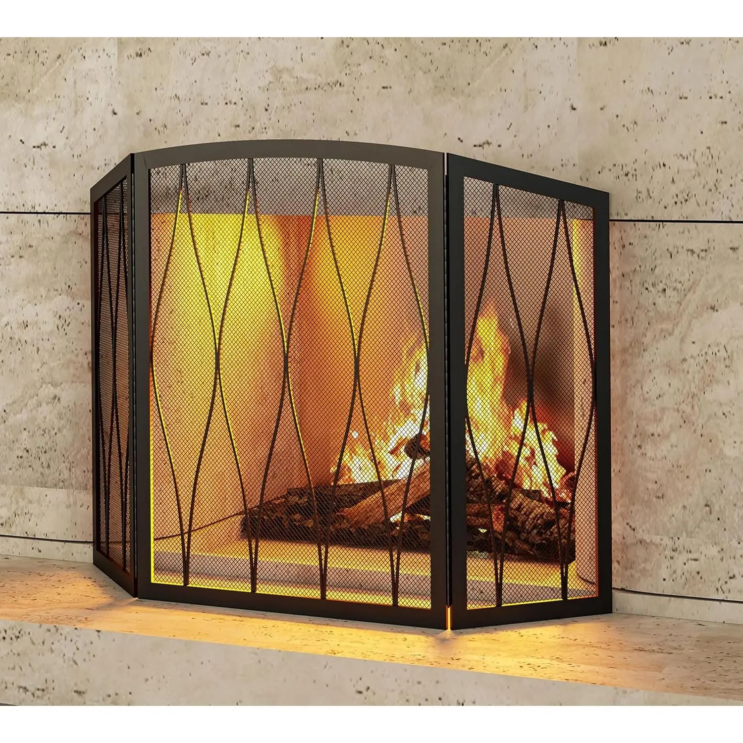 Childproof Fireplace Screen 3- Panel Modern Handcrafted Wrought Iron Foldable Metal Mesh, Heavy Duty Decorative Fireplace Spark Guard Cover for Living Room Home Decor Black Finish