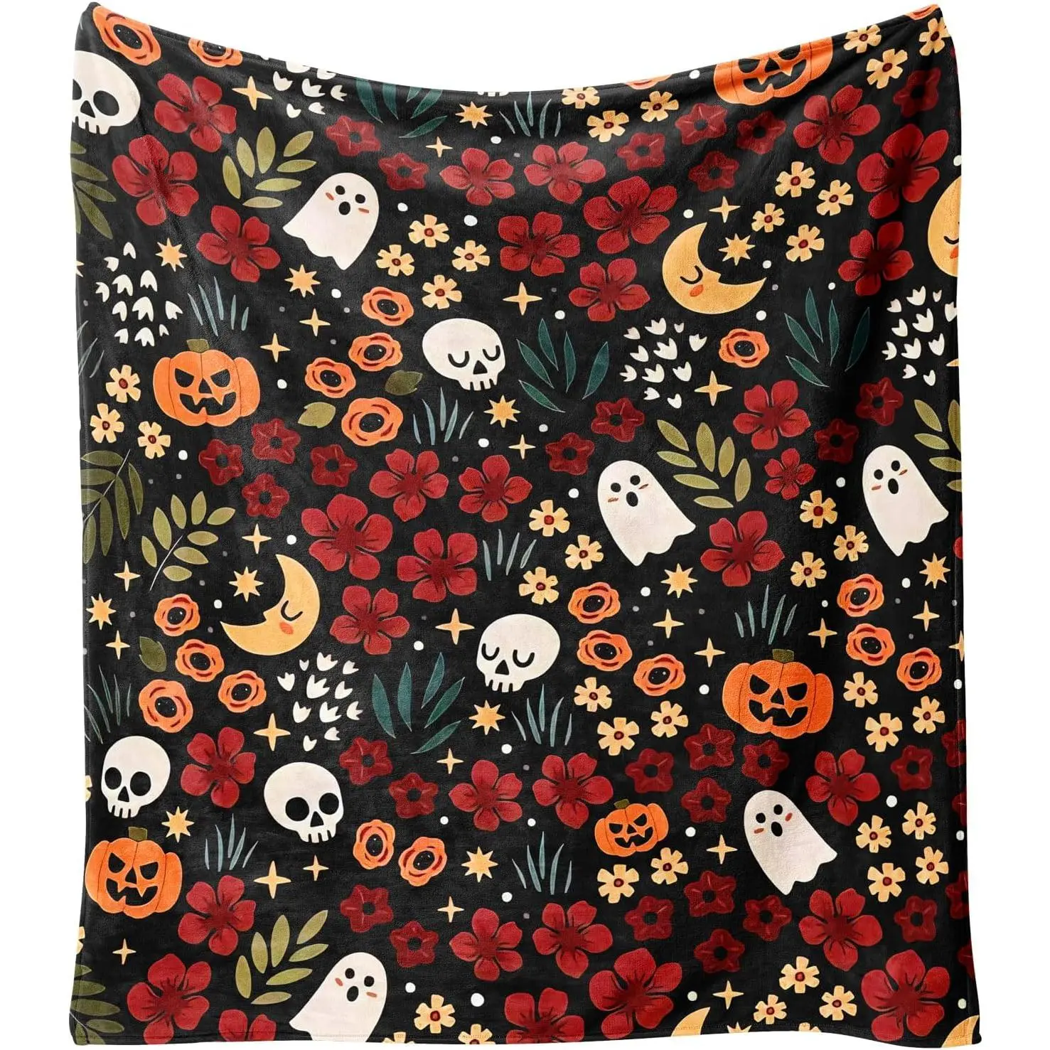 Halloween Fleece Blanket - Skulls, Ghosts, Pumpkins, Flowers Design Flannel Throw for Women, Machine Washable, Stain Resistant Home Decor for Living Room Couch or Bed